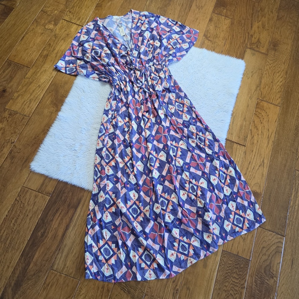 NWT World Market Caftan Maxi Dress Women's S/M Geometric Viscose Tassels